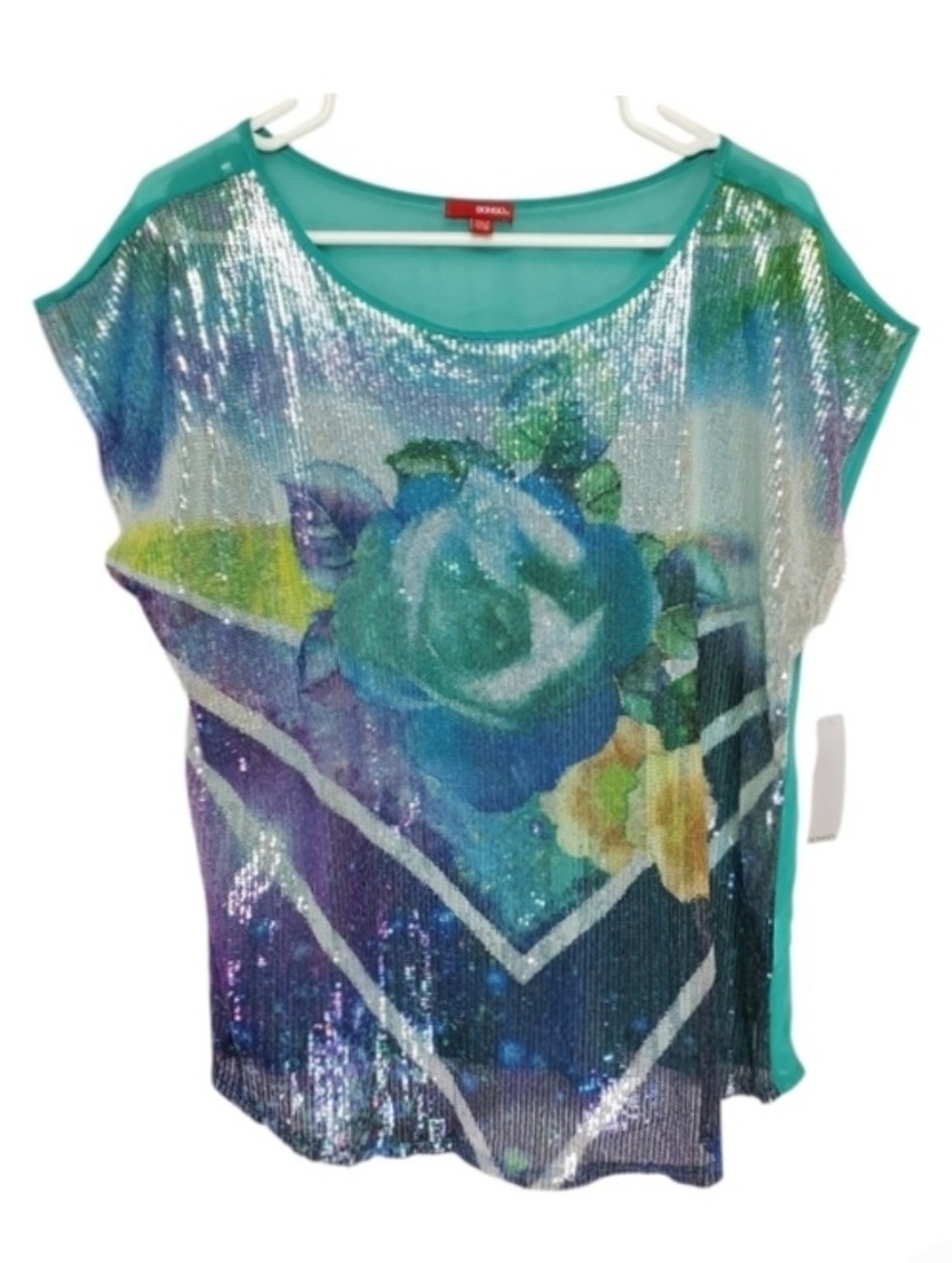 2461 * Bongo Sequin Floral Semi Sheer Blouse Teal Multicolor Size L NWT